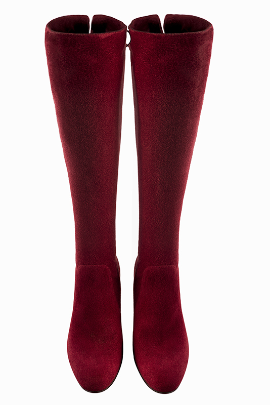 Burgundy red women's knee-high boots, with laces at the back. Round toe. High block heels. Made to measure. Top view - Florence KOOIJMAN